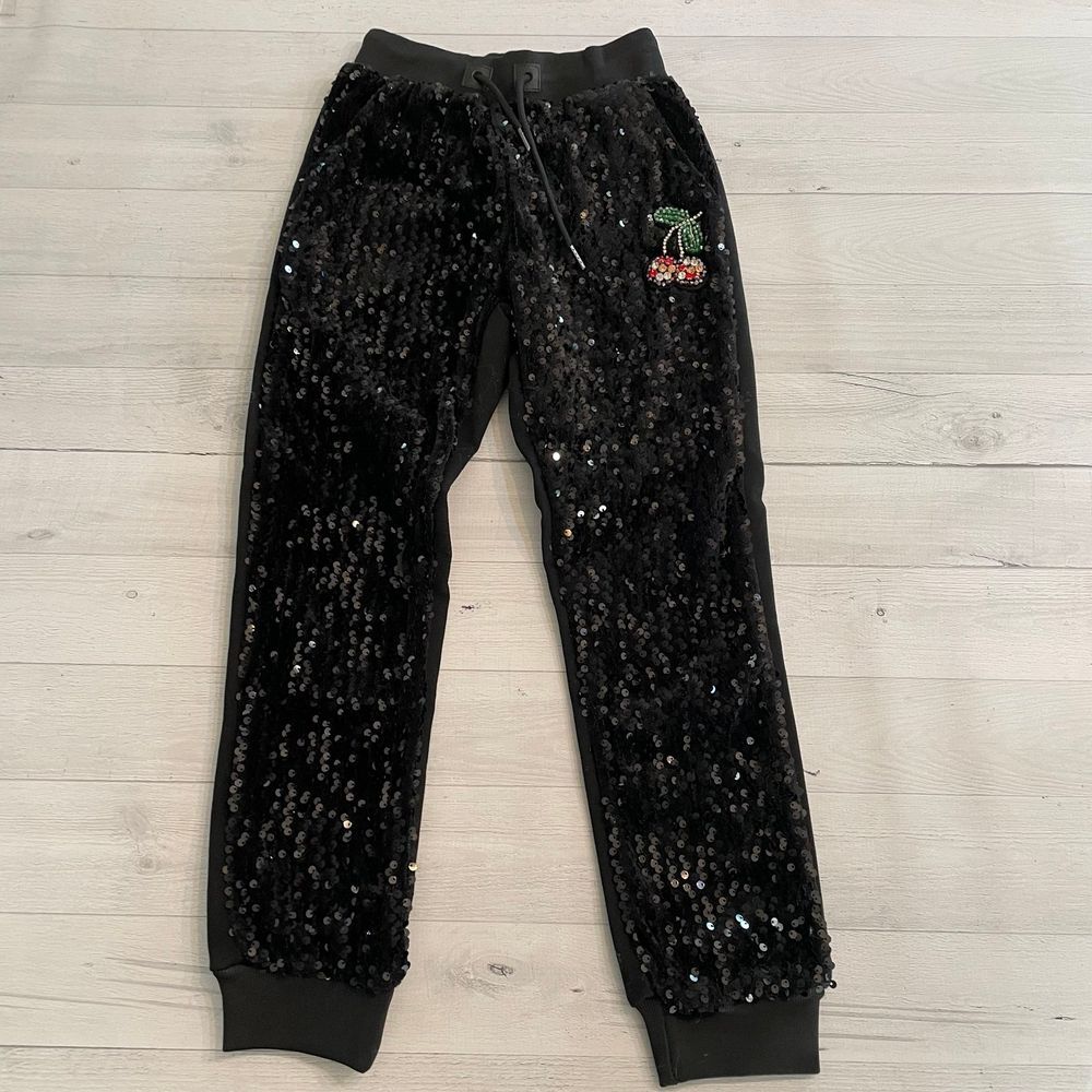 Lola‎ and the boys black sequin joggers cherry rhinestone NEW